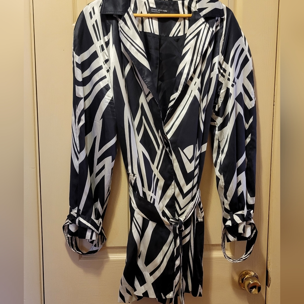 Jones New York Collection Silk Blend Zebra Print Belted Trench Coat - Size XL